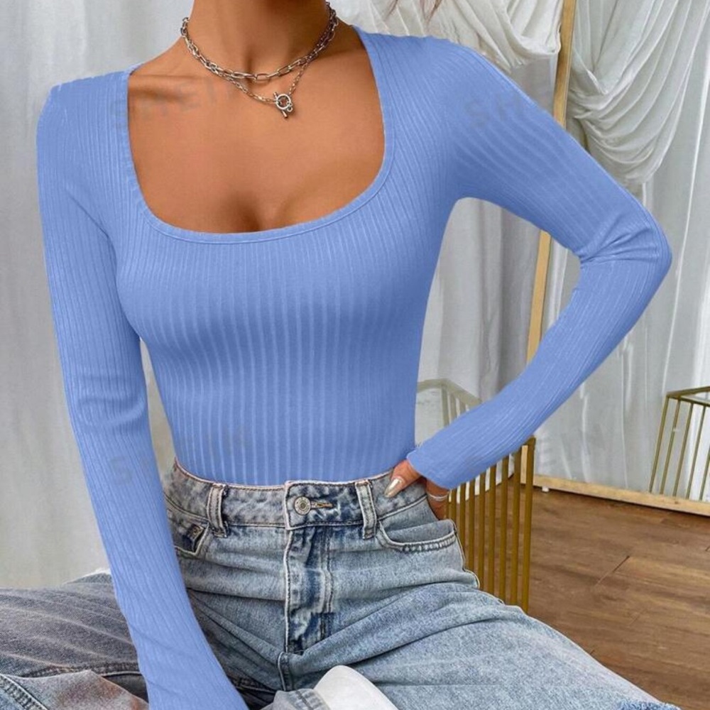 SHEIN Light Blue Ribbed Long Sleeve Top